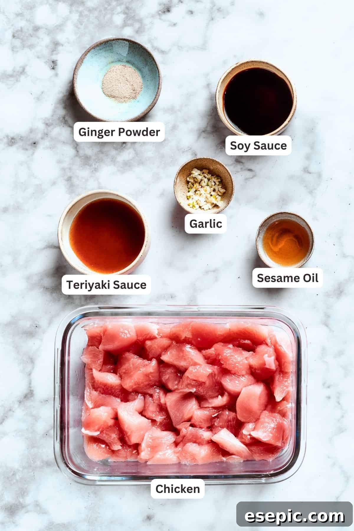 Chicken wonton tacos filling ingredients: teriyaki sauce, ginger powder, garlic, soy sauce, sesame oil, chicken.