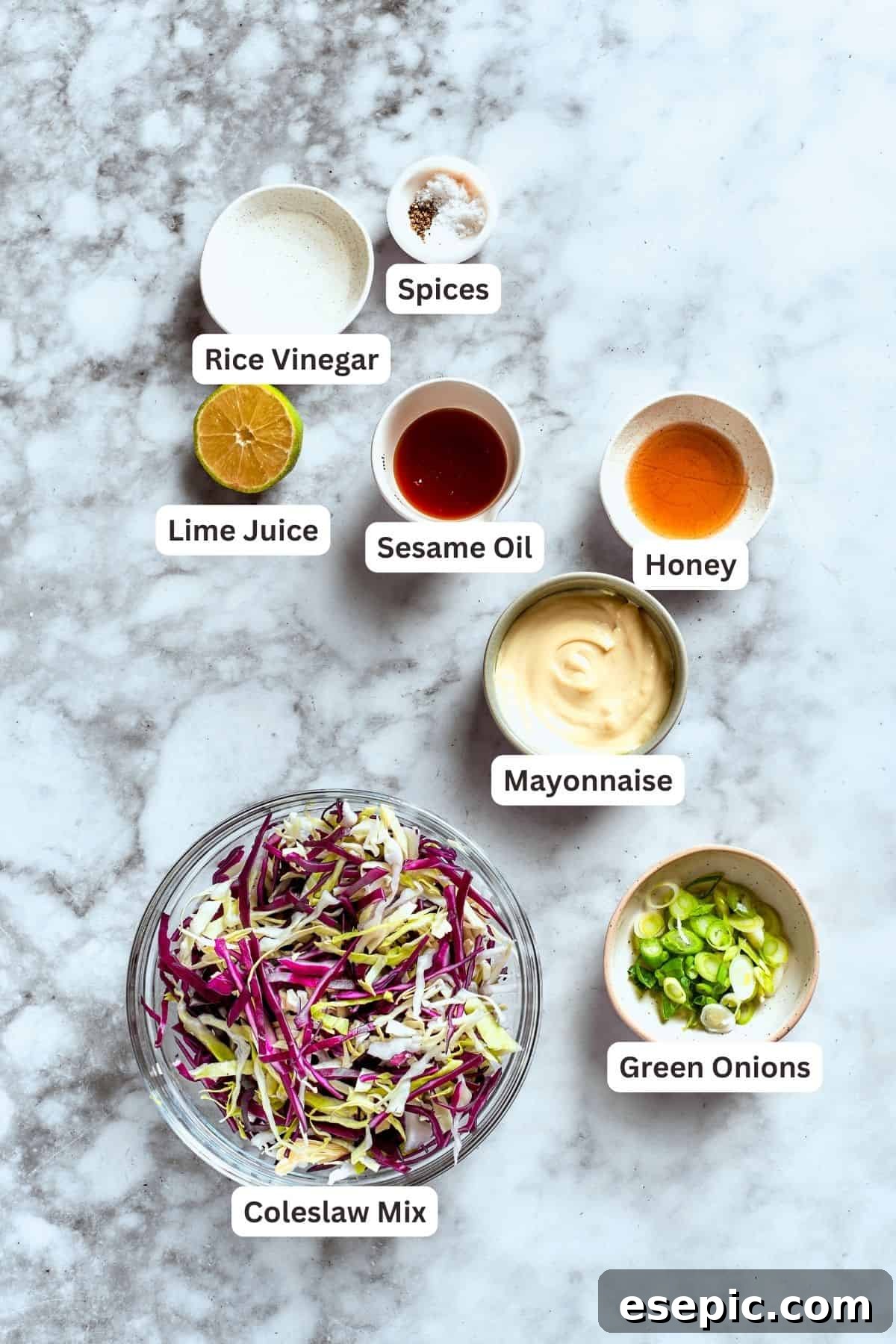 Chicken wonton taco coleslaw ingredients: mayonnaise, rice vinegar, lime juice, spices, green onions, sesame oil, honey, coleslaw mix.