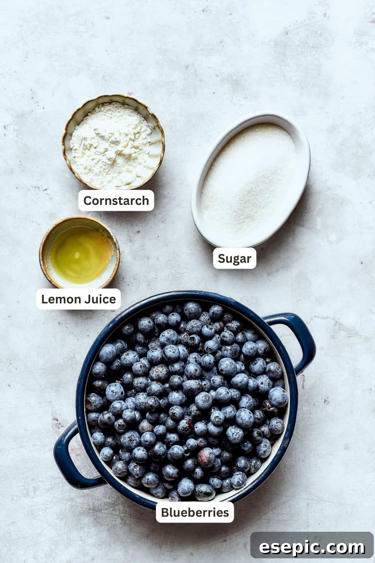The simple yet powerful ingredients that make up the sweet and tart blueberry filling for this crisp recipe. Labeled ingredients for blueberry crisp filling: cornstarch, granulated sugar, fresh blueberries, and lemon juice.