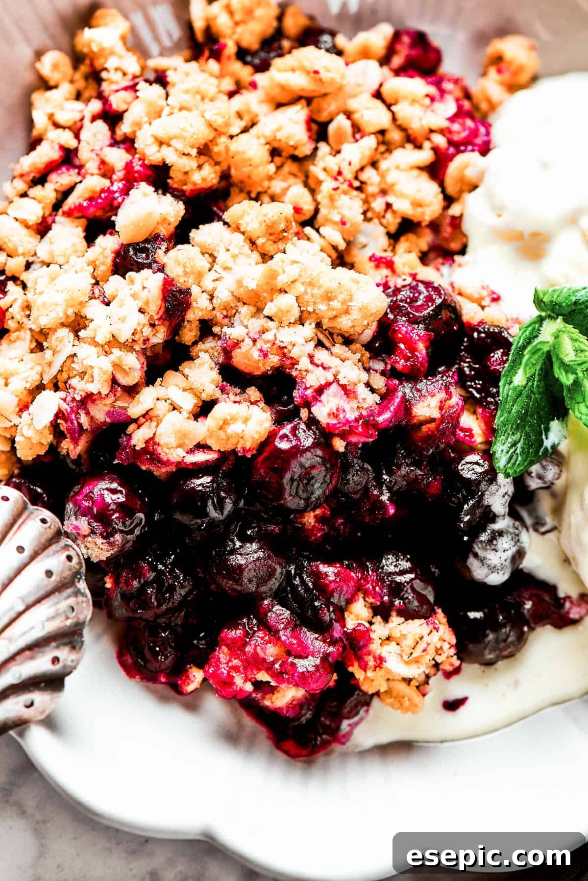 A mouth-watering close-up of a warm, bubbly blueberry crisp, ready to be enjoyed. A close-up view of the baked blueberry crisp, showing the bubbly, vibrant blueberry filling peeking through the golden-brown, textured oat crumble topping.
