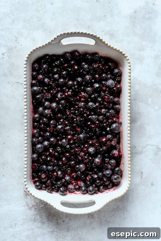 Layering the delicious blueberry filling at the base of the baking dish, awaiting its crumbly crown. The blueberry filling mixture, made with fresh blueberries, sugar, lemon juice, and cornstarch, is evenly spread in the bottom of a baking dish.