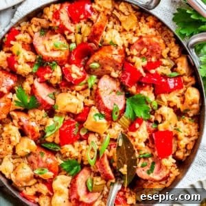 Image of a pan with jambalaya featuring a bed of rice topped with chicken bites, sliced sausages, and diced red bell peppers.