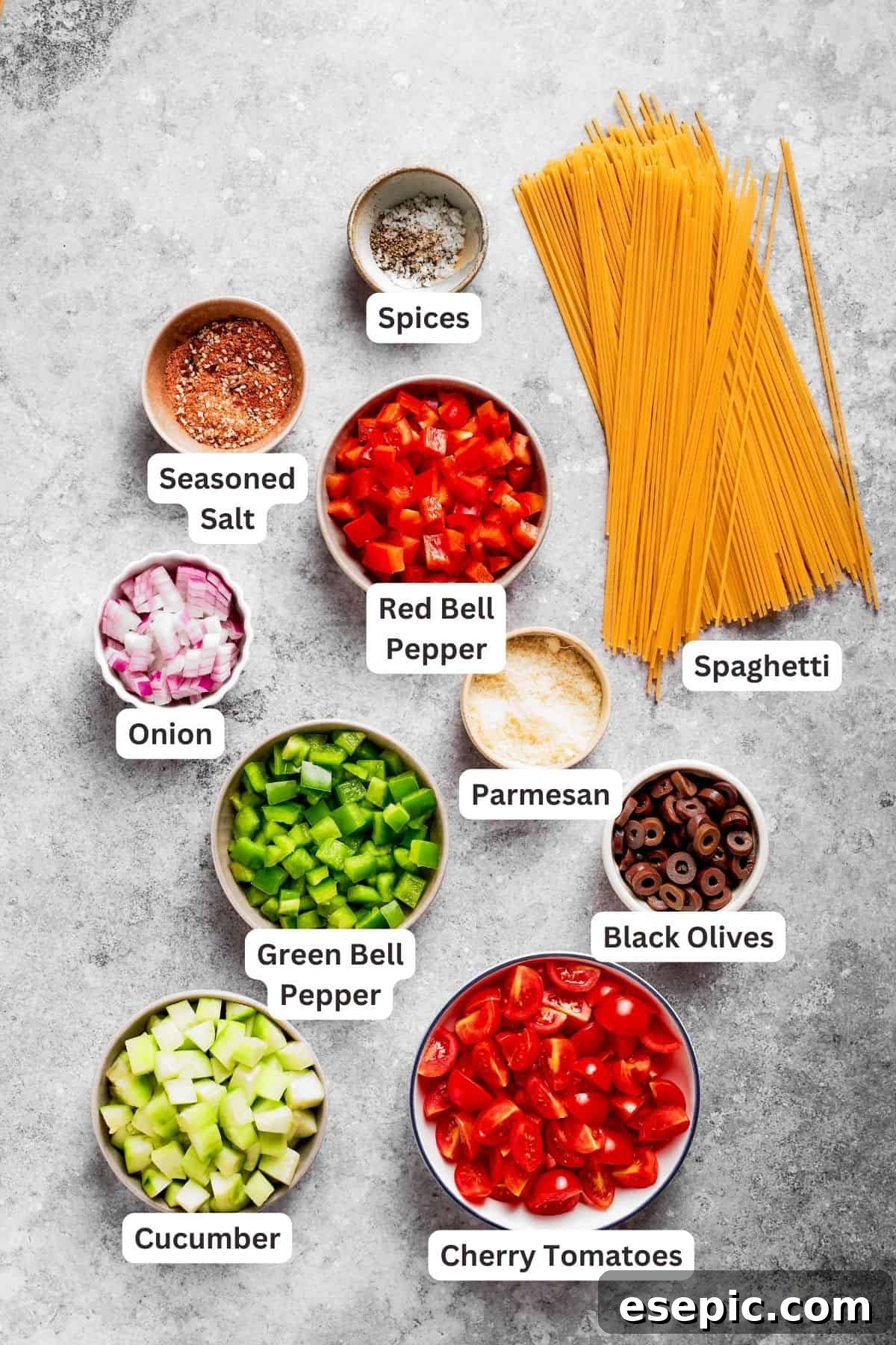 Labeled ingredients for the spaghetti salad, showing spaghetti noodles, cucumber, cherry tomatoes, red onion, bell peppers, black olives, and Parmesan cheese.