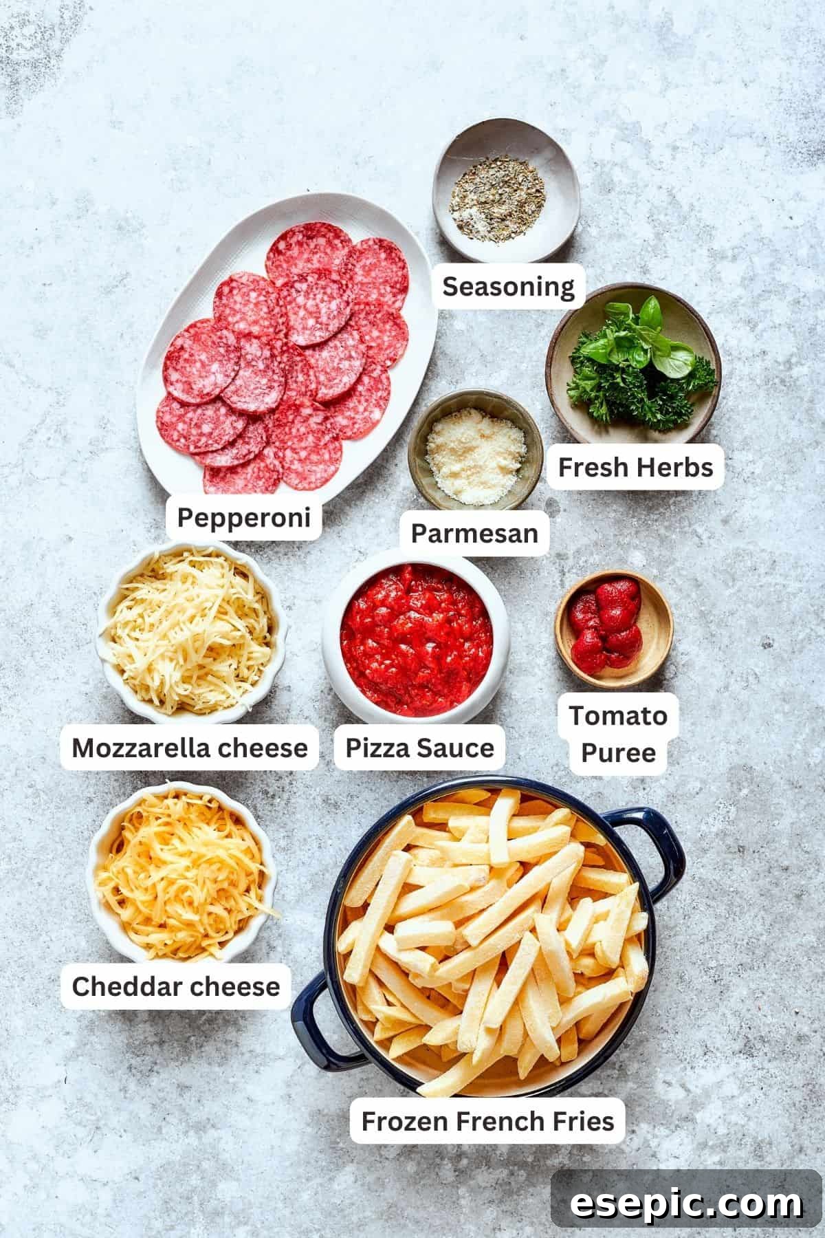 Pizza Fry Fusion 3 Ingredients for pizza fries include pepperoni, fries, herbs, cheddar, mozzarella, tomato puree, tomato sauce, parmesan.