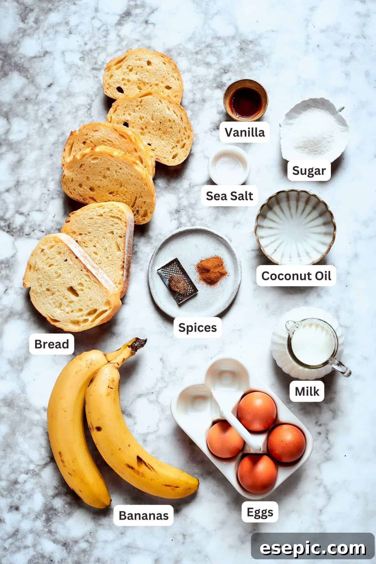 Ingredients for banana french toast are shown: bananas, bread, cinnamon, nutmeg, eggs, milk, coconut oil, salt, sugar, vanilla.