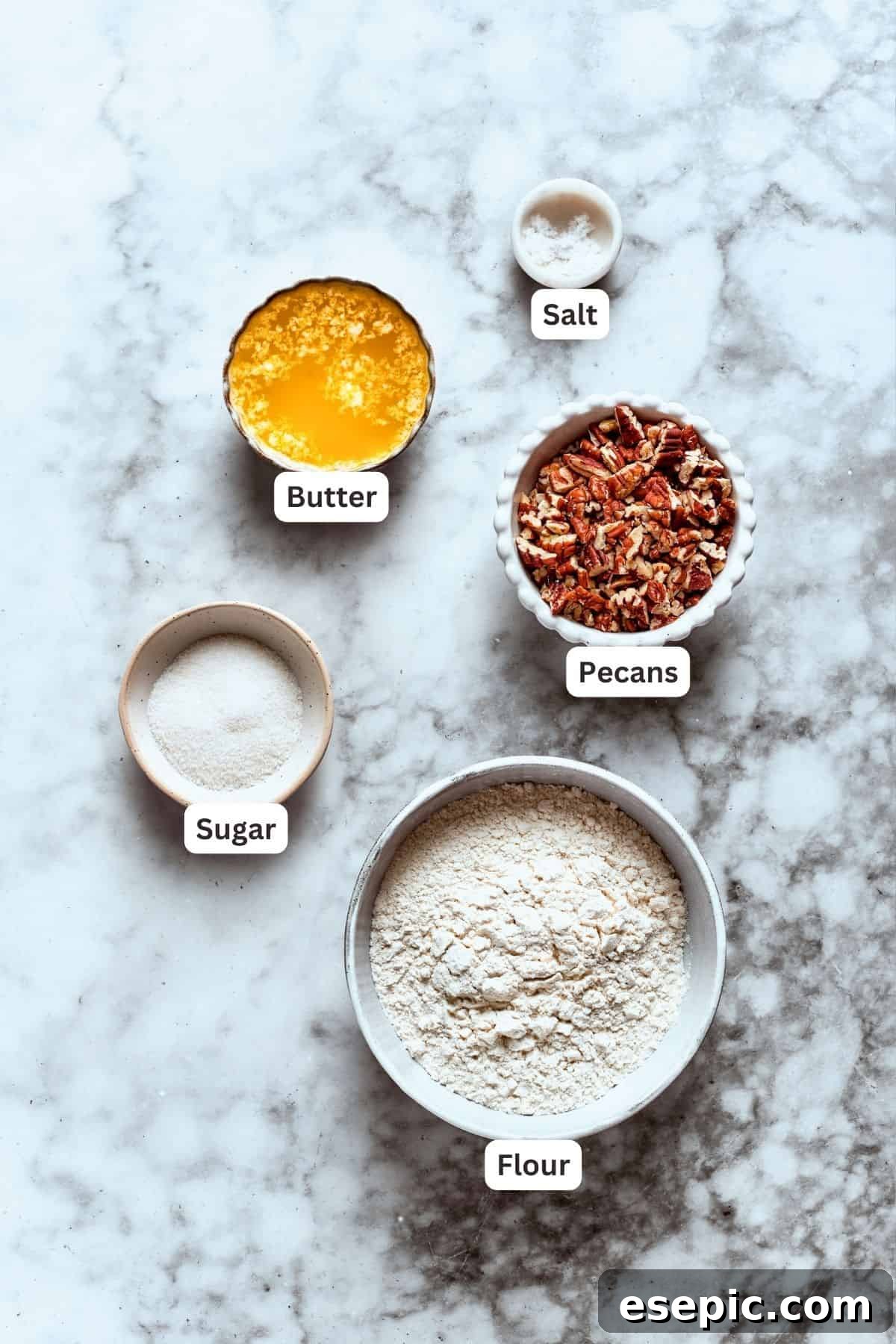 Sex in a pan crust ingredients are shown: sugar, butter, pecans, flour, salt.