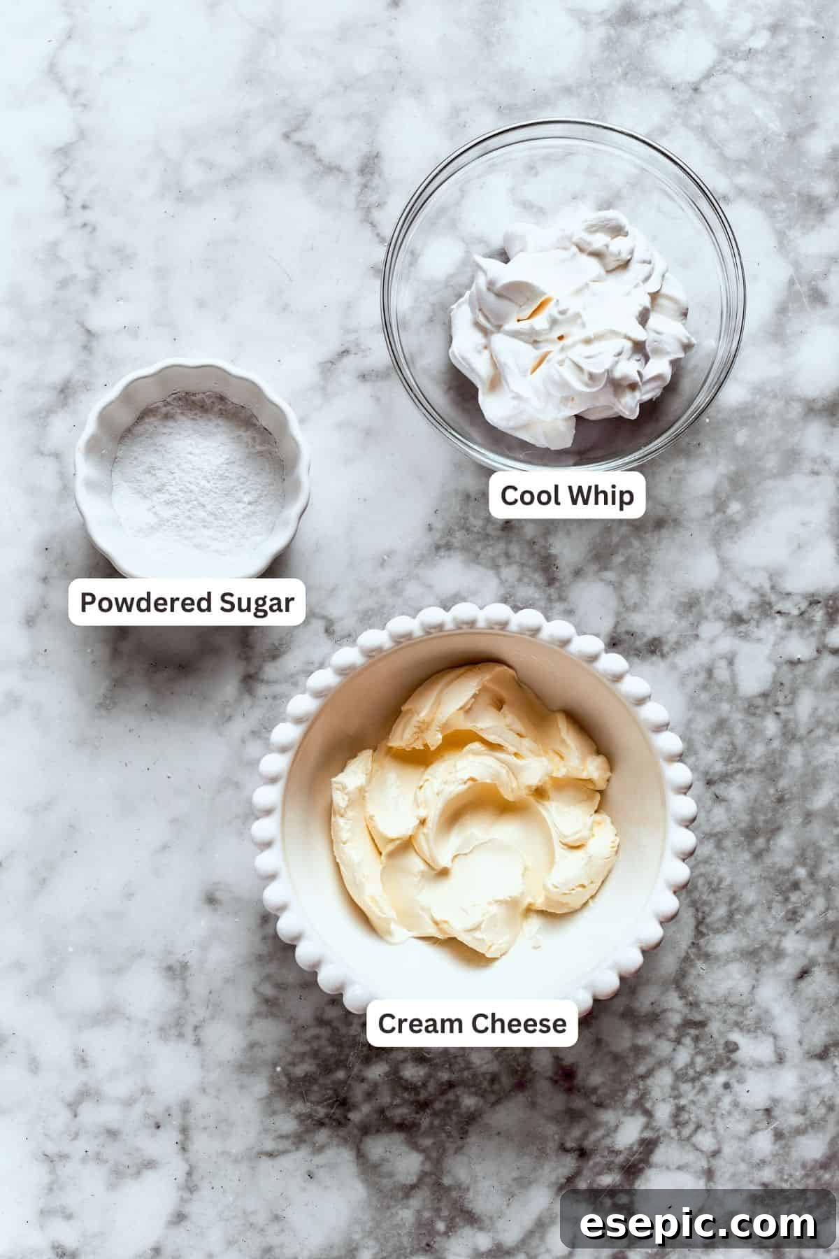 Cream cheese layer ingredients are shown: cream cheese, powdered sugar, cool whip.