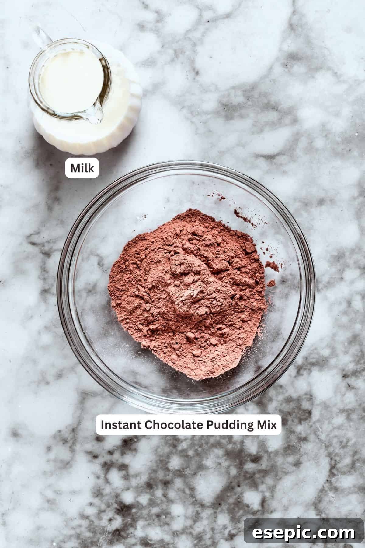 Chocolate pudding layer ingredients are shown: instant chocolate pudding and milk.