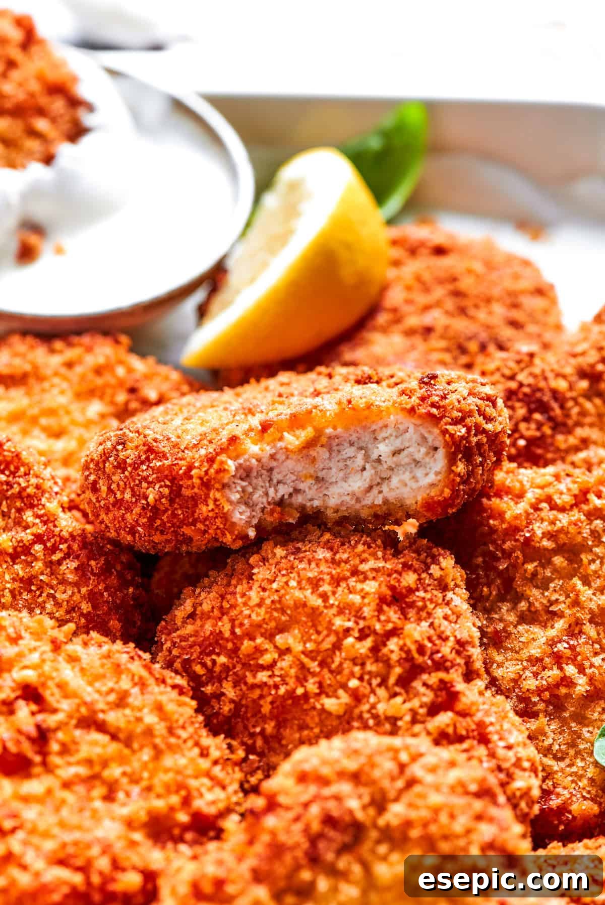 This easy homemade Chicken Nuggets Recipe features perfectly cooked homemade chicken nuggets that are crispy outside and juicy on the inside. A pile of chicken nuggets, one with a bite taken out.