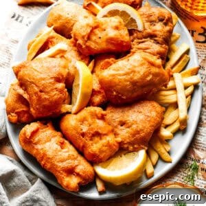 Pieces of fried fish are served on a platter over French fries.