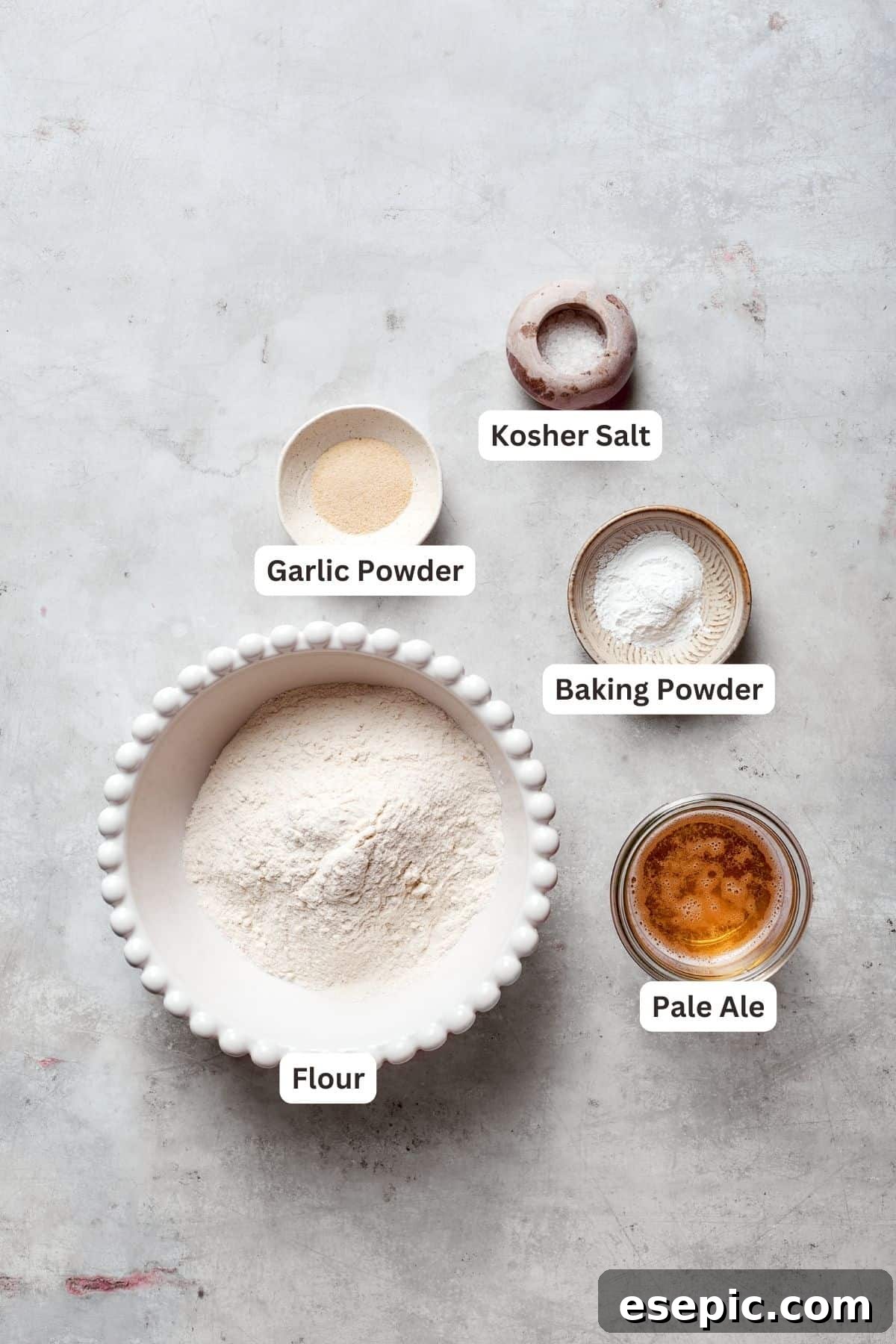 Another perspective of the fresh ingredients for beer battered fish, highlighting the quality of the fish and the essential components for the batter, such as flour and beer.
