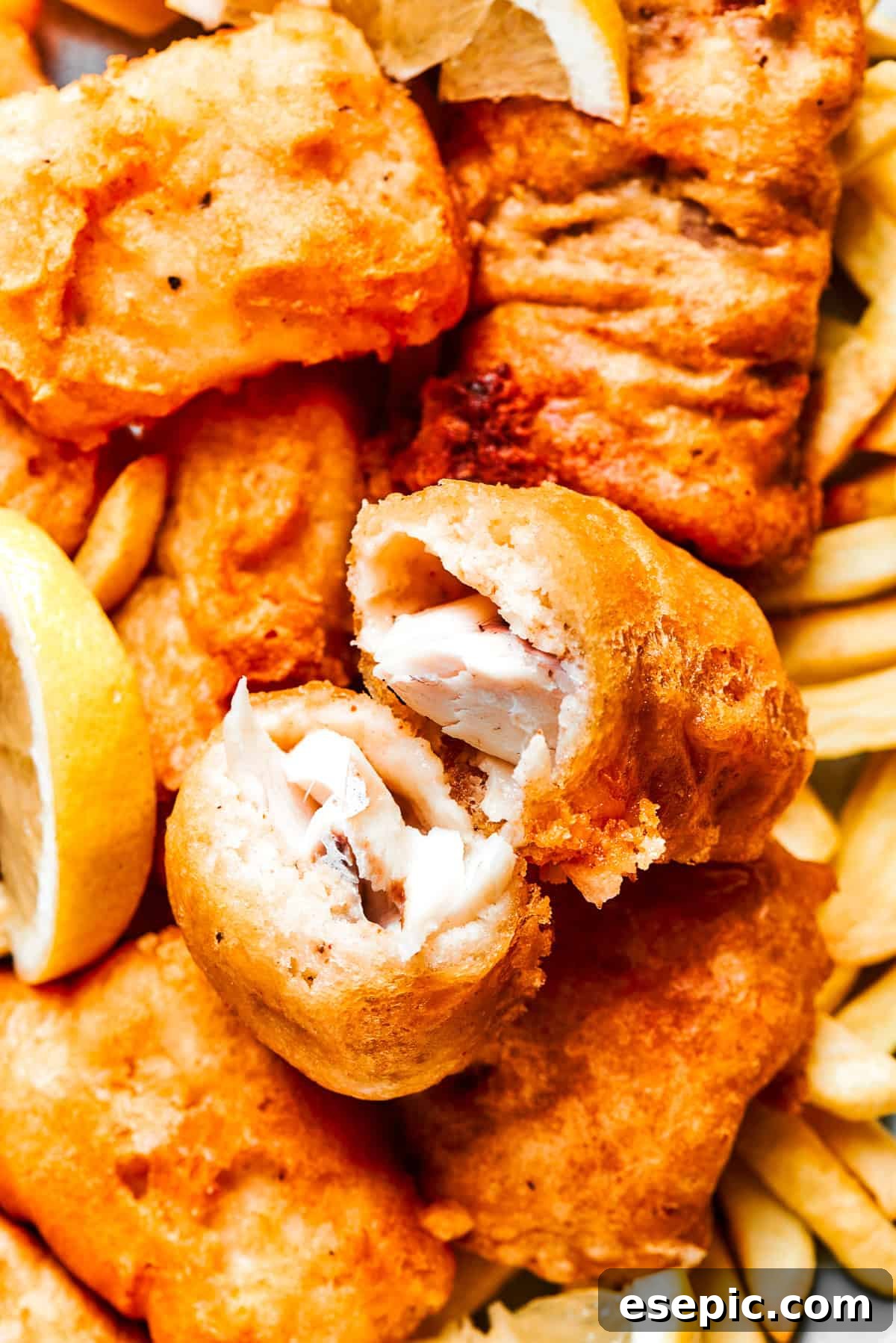 A beautifully fried piece of beer battered fish, cut in half to showcase its tender, flaky interior and the perfectly crisp, golden-brown coating.