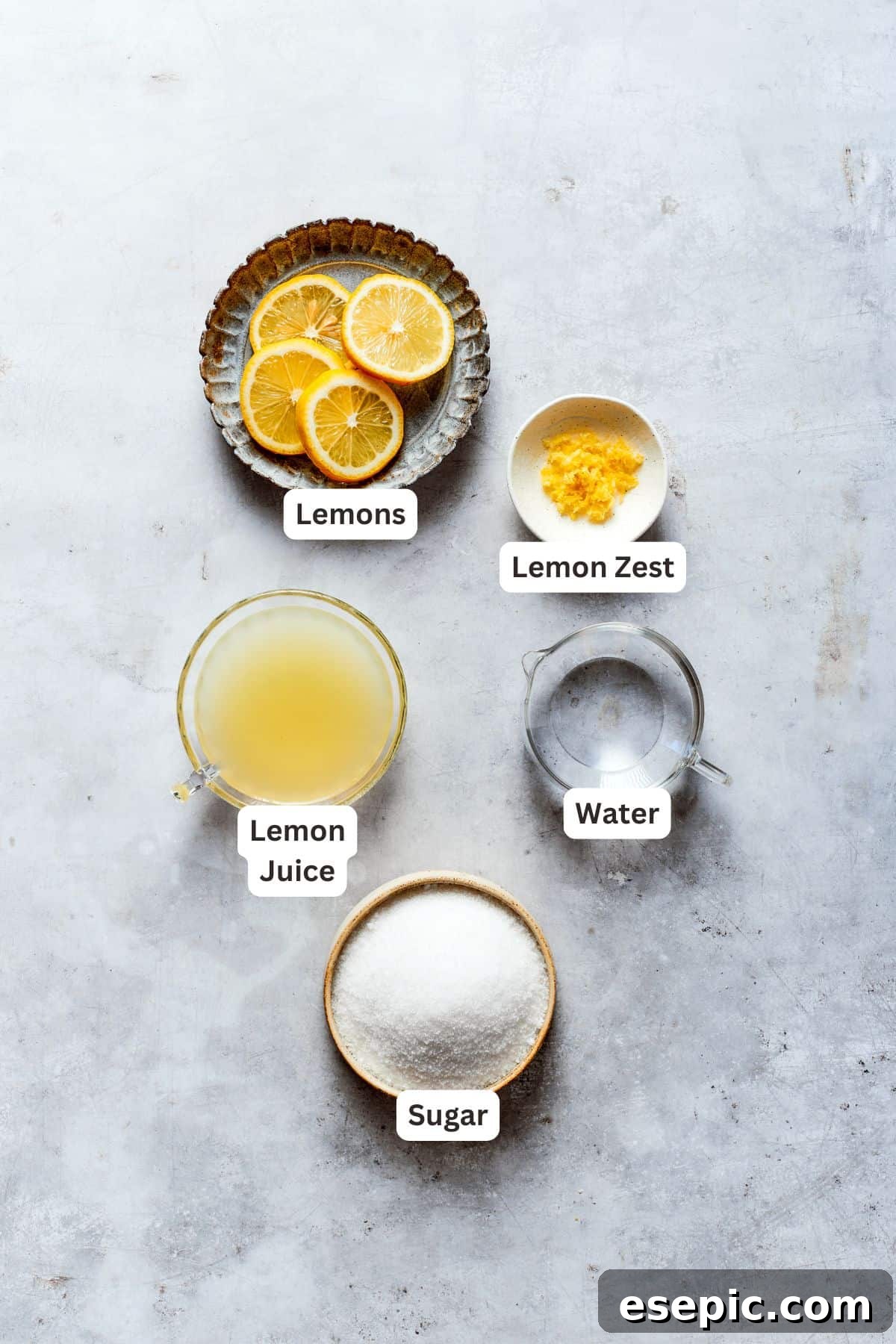Ingredients for lemon syrup: fresh lemons, granulated sugar, water, lemon juice, lemon zest.