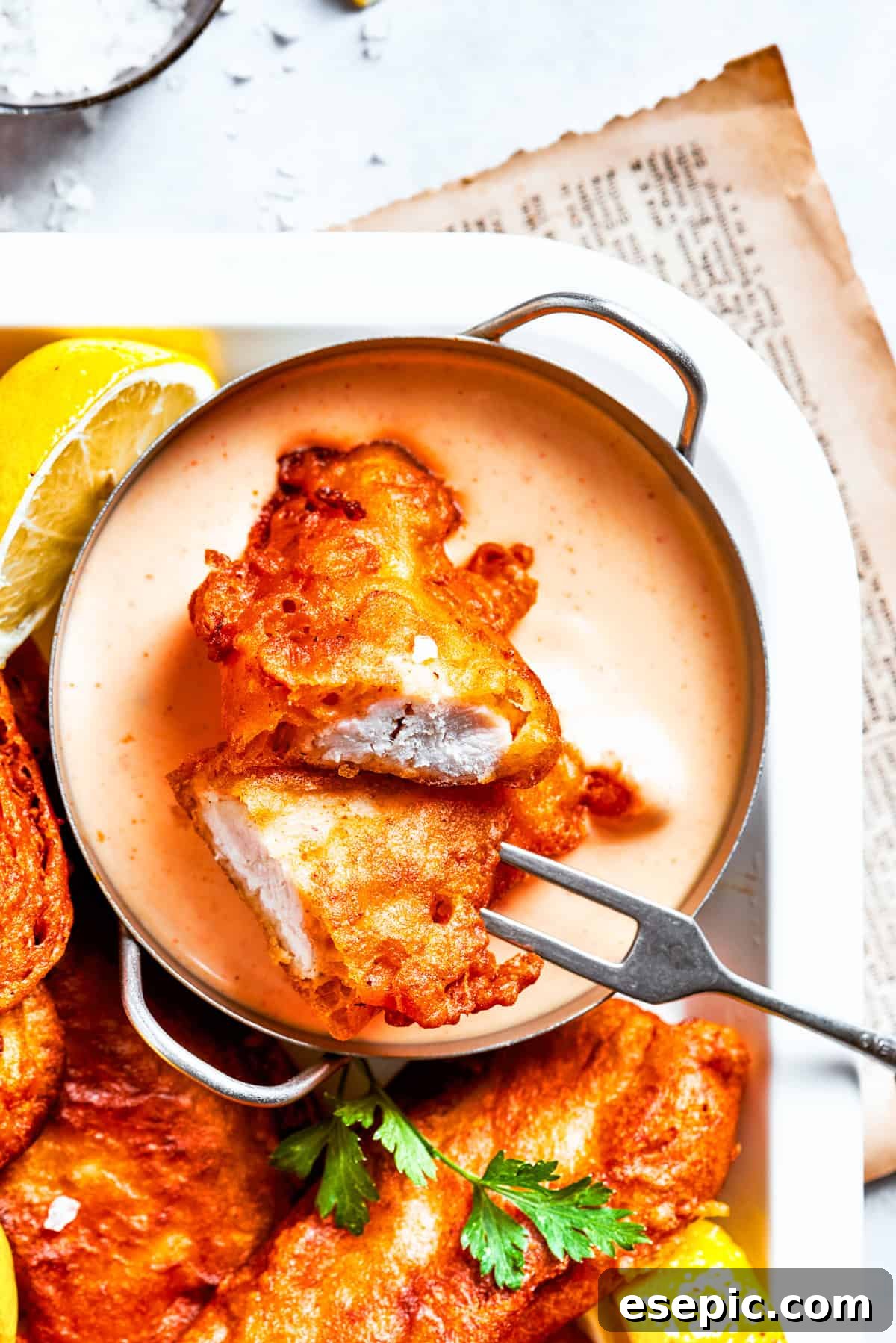 A platter of beer, battered chicken, and a bowl of sauce.