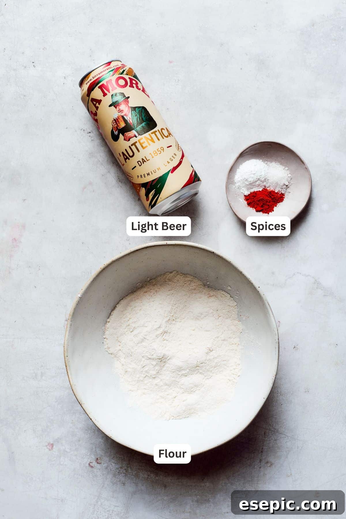 Batter ingredients are labeled: beer, flour, spices.