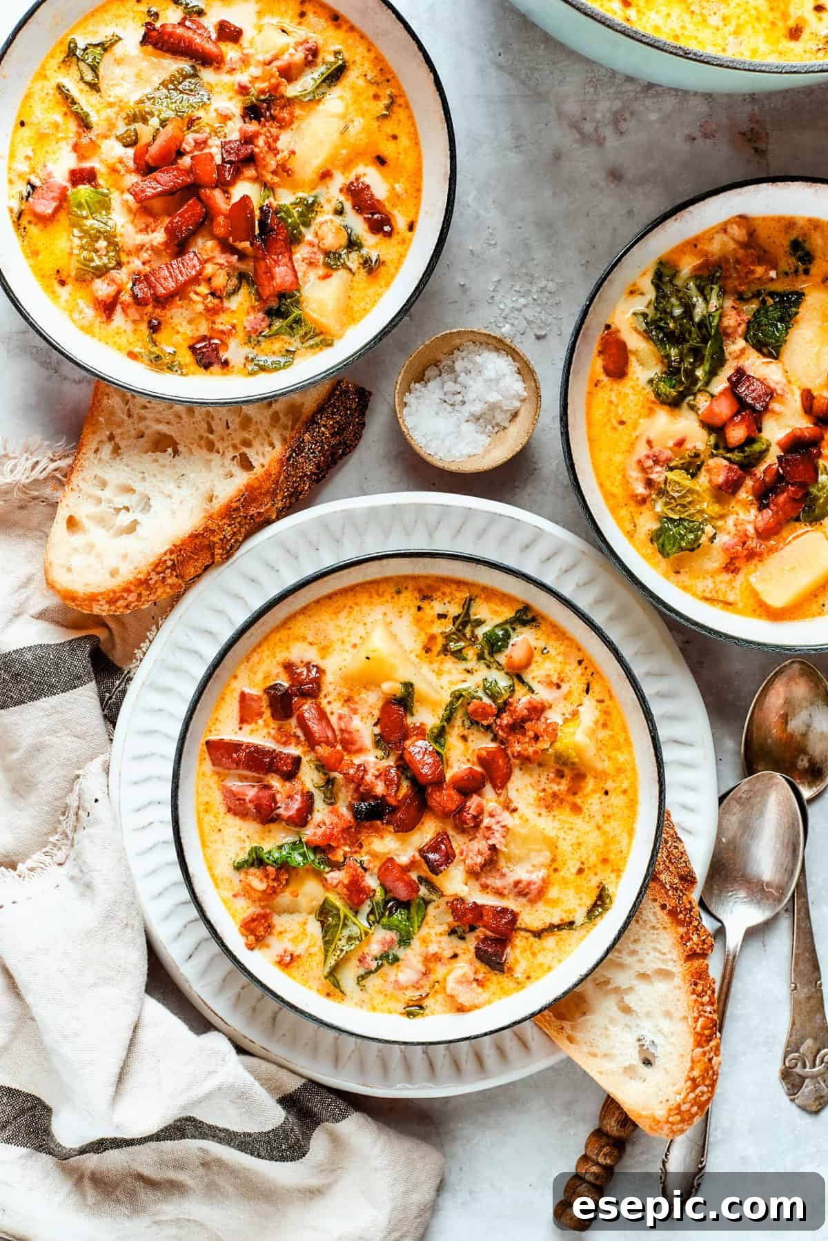 Three bowls of finished Zuppa Toscana are served, garnished with crispy bacon, inviting enjoyment.