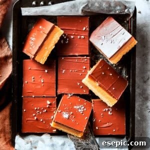 Decadent Caramel Chocolate Squares 3 A square pan of Millionaire bars, neatly arranged.