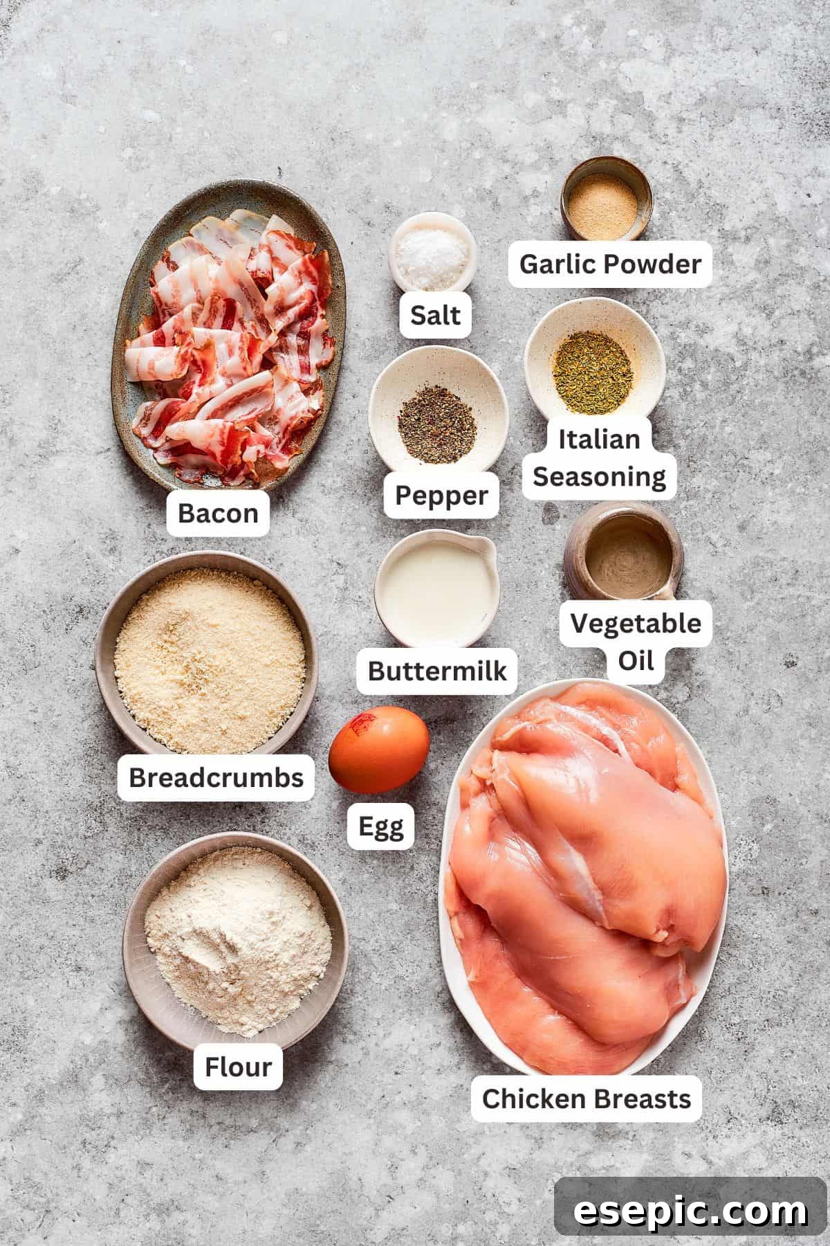 Smothered Chicken breasts feature pan-fried chicken in a crispy breadcrumb coating topped with a rich and creamy homemade gravy. The individual ingredients for the smothered chicken are clearly laid out and text-labeled, ready for preparation.