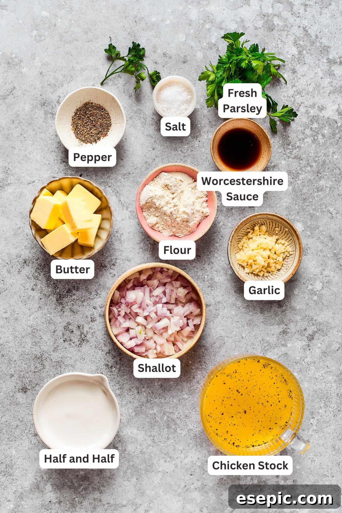 Smothered Chicken breasts feature pan-fried chicken in a crispy breadcrumb coating topped with a rich and creamy homemade gravy. The specific ingredients required for making the rich and creamy smothered chicken gravy are text-labeled and presented.