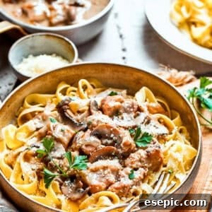 A hearty bowl of chicken and mushrooms served over fettuccine noodles, garnished with fresh parsley.