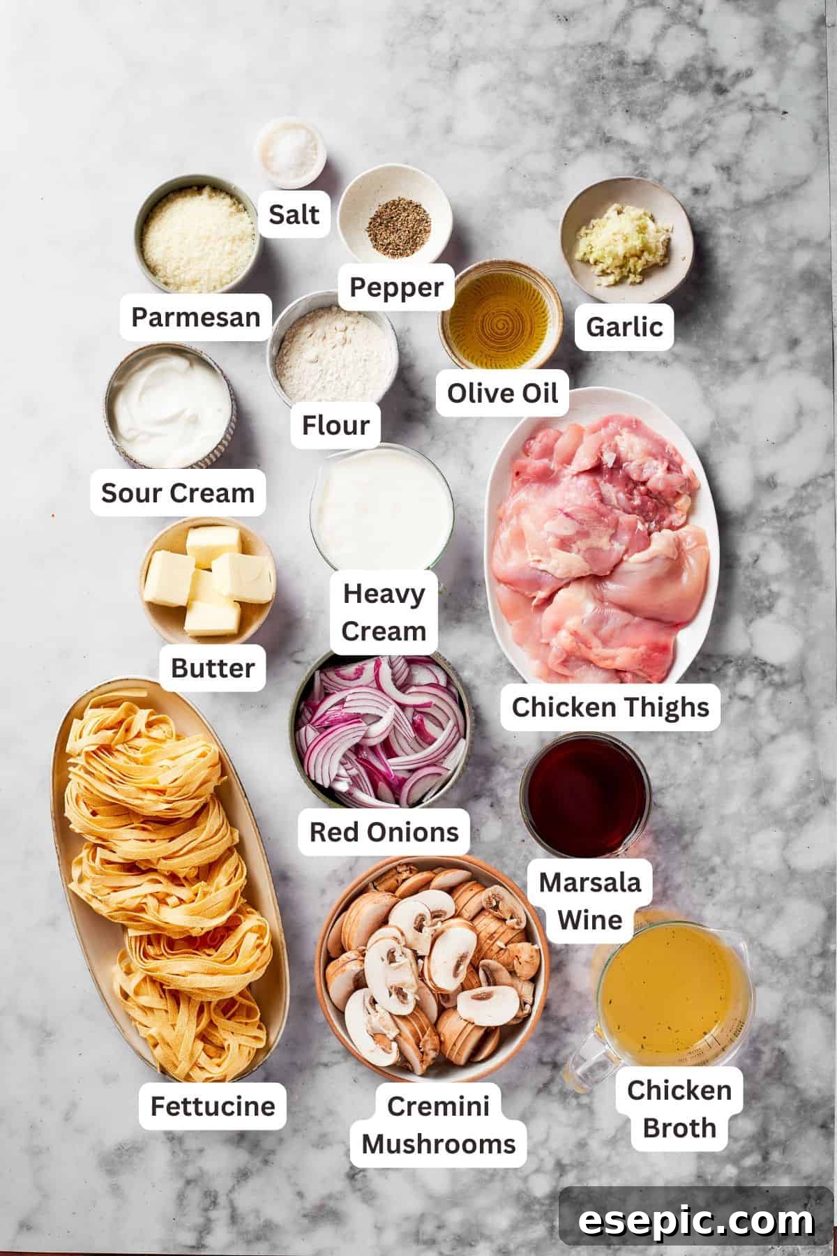 All the fresh ingredients laid out for preparing chicken Marsala fettuccine, including chicken, mushrooms, onions, herbs, and wine.