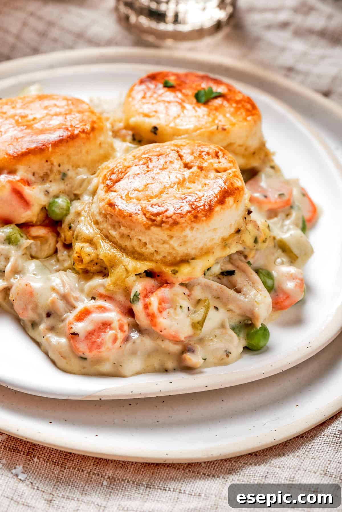 Chicken pot pie casserole is everything you love about the classic comfort food, baked under fluffy buttermilk biscuits instead of pie crust! A generous serving of chicken pot pie casserole on a white plate, showcasing the creamy filling and fluffy biscuit topping.