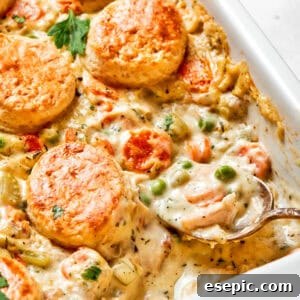 Chicken pot pie casserole in a baking dish.