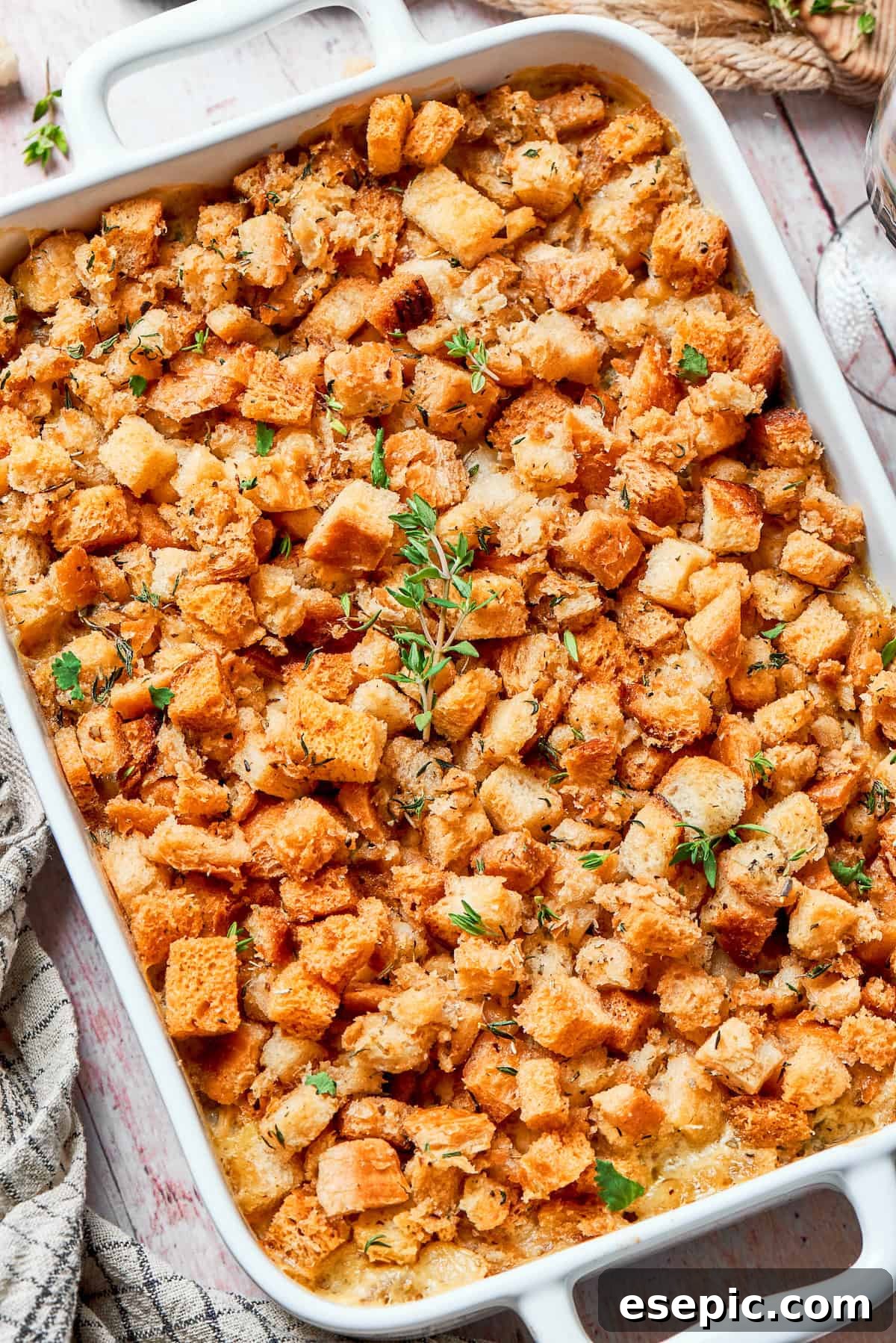 Freshly baked chicken stuffing casserole, golden and bubbly, in a 9x13 dish.