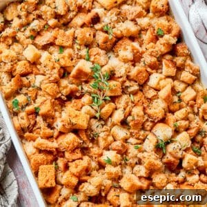 Chicken stuffing casserole in a baking dish.