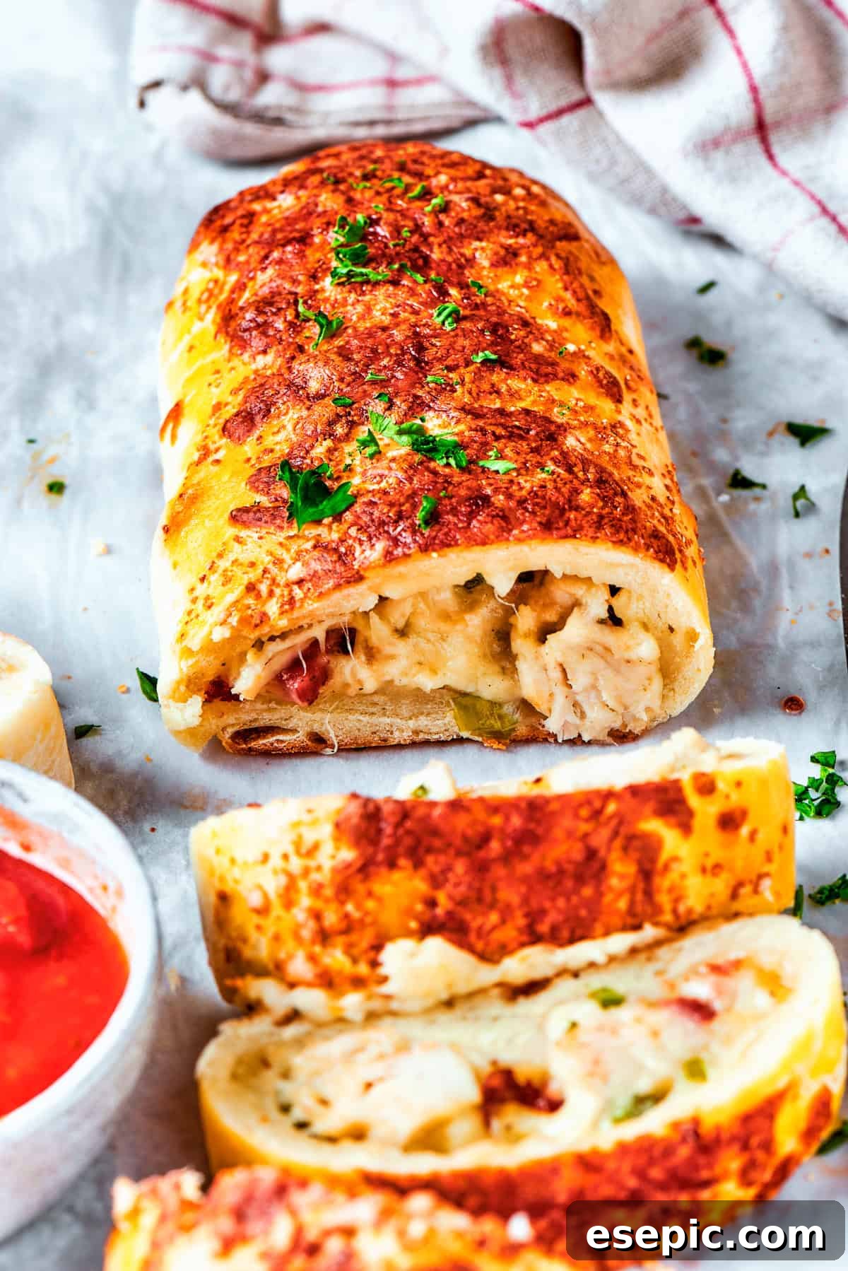 Sliced chicken bake sandwich.
