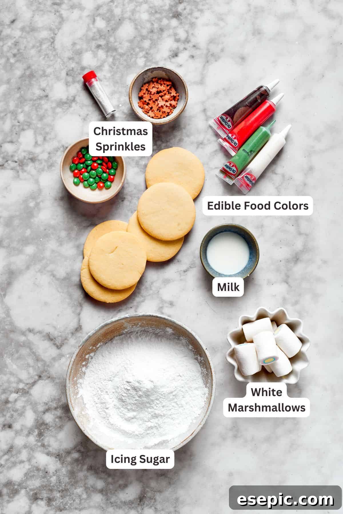 Close-up of labeled ingredients for melted snowman cookies, showcasing butter, sugar, flour, and extracts.