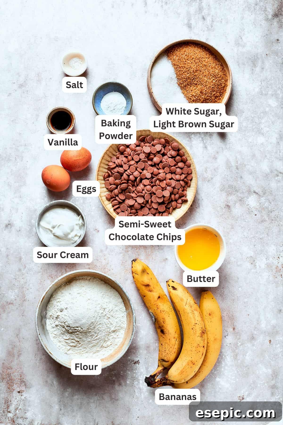 Ingredients for banana chocolate chip bread are text-labeled.