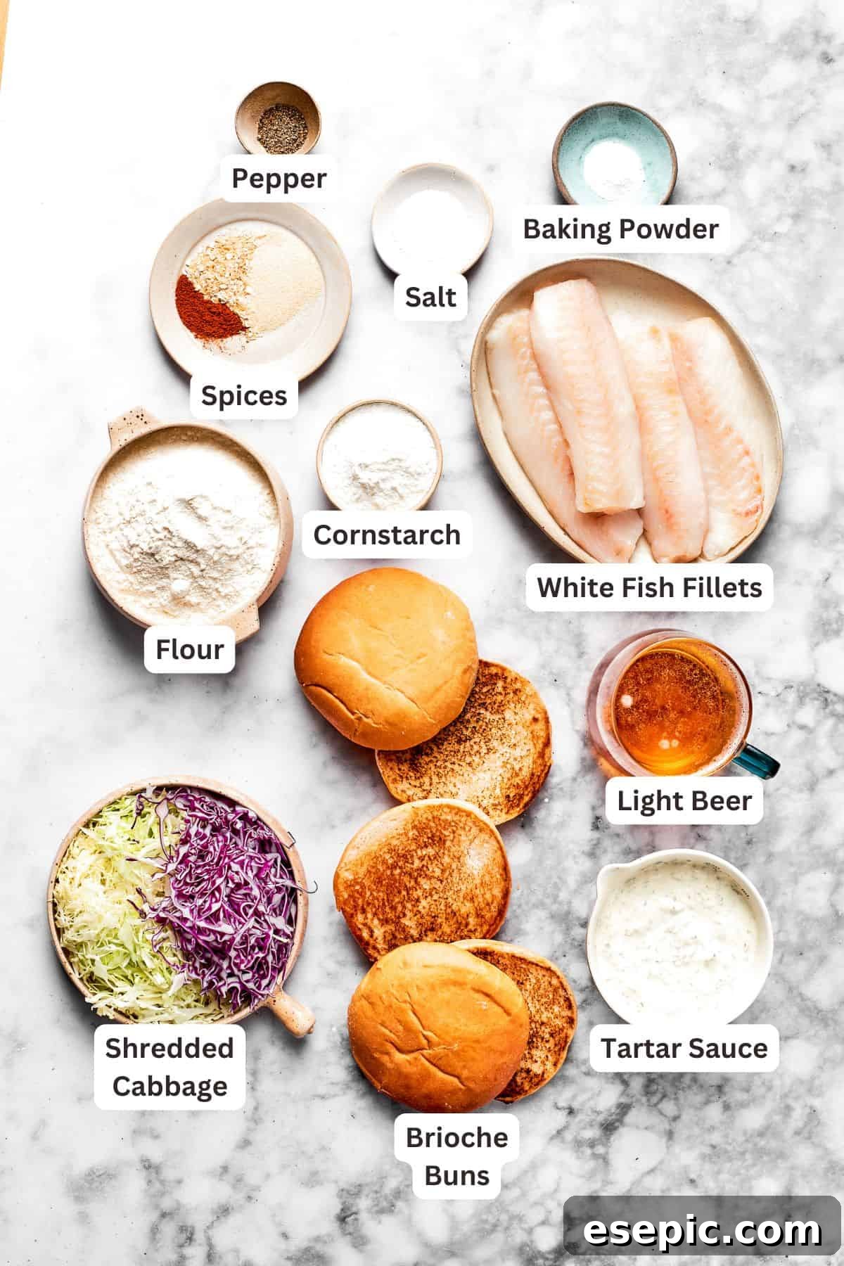 Ingredients for fish sandwich are text-labeled.