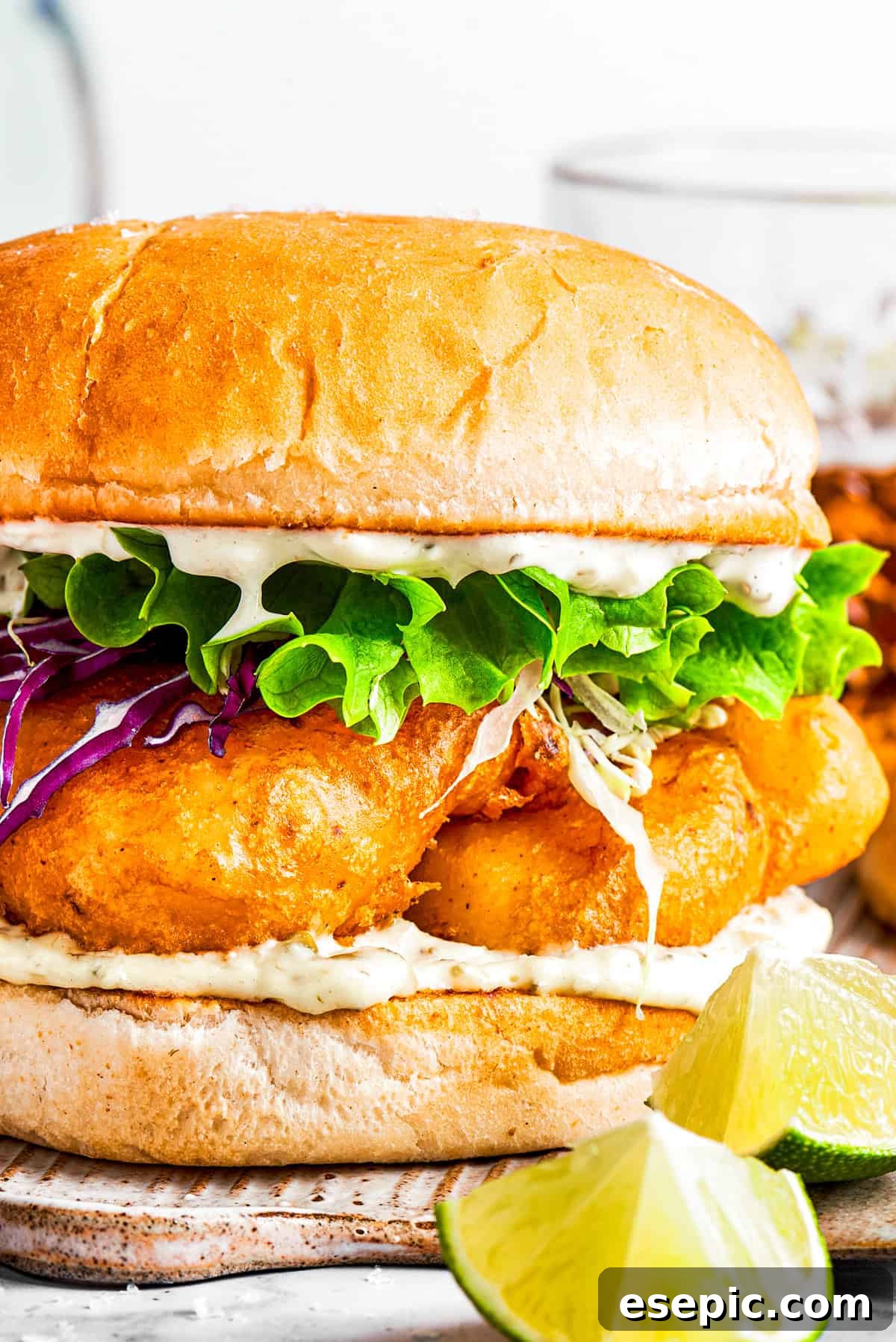 Fish sandwich with lime wedges placed near it.