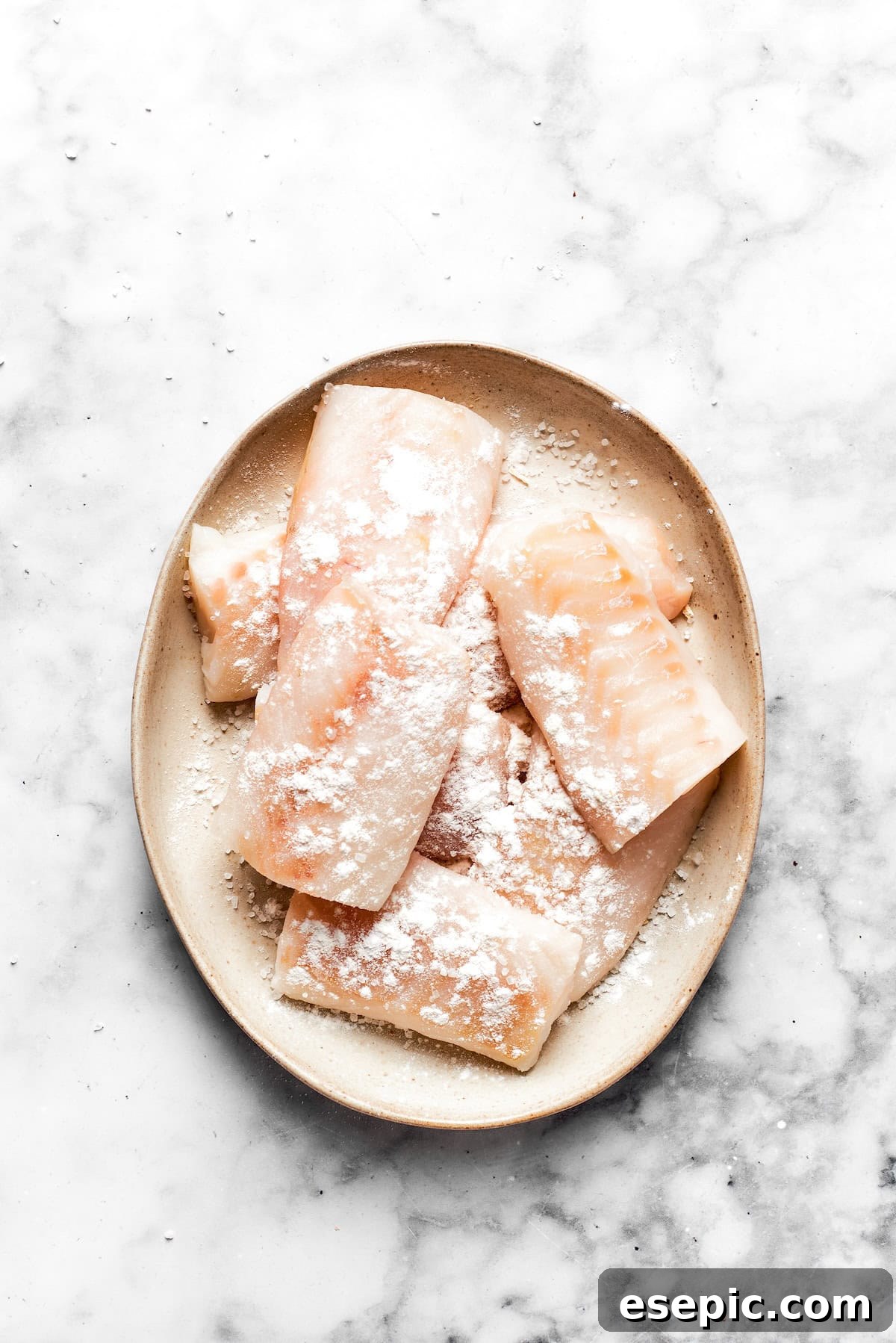 Pieces of fish dredged in flour.