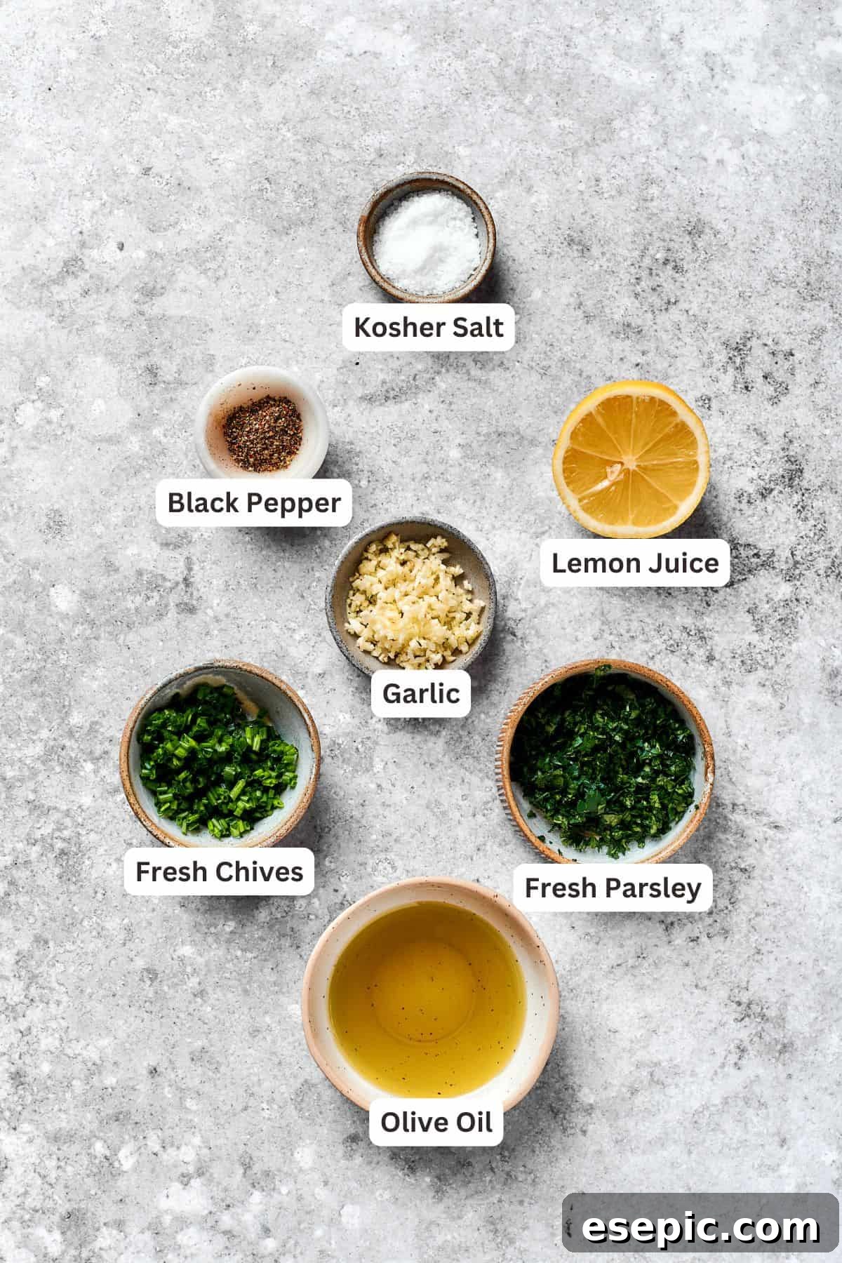Ingredients for steak and eggs sauce are text-labeled and portioned out in small bowls.