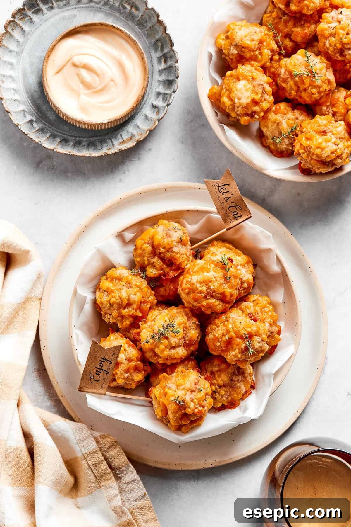 This easy sausage balls recipe uses Bisquick, pork sausage, and Italian seasoning for a quick, flavorful appetizer. Don't forget the dipping sauce! Bowls of savory cheddar sausage balls, perfectly baked and ready for dipping, arranged attractively on a rustic wooden surface.