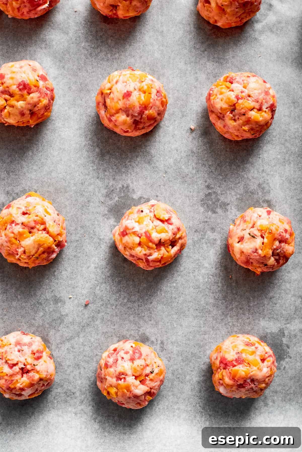 This sausage balls recipe relies on Bisquick, pork sausage, and Italian seasoning for an easy appetizer. Don't forget the dipping sauce! A baking sheet filled with perfectly shaped, unbaked sausage balls, evenly spaced and ready to be placed into the oven.