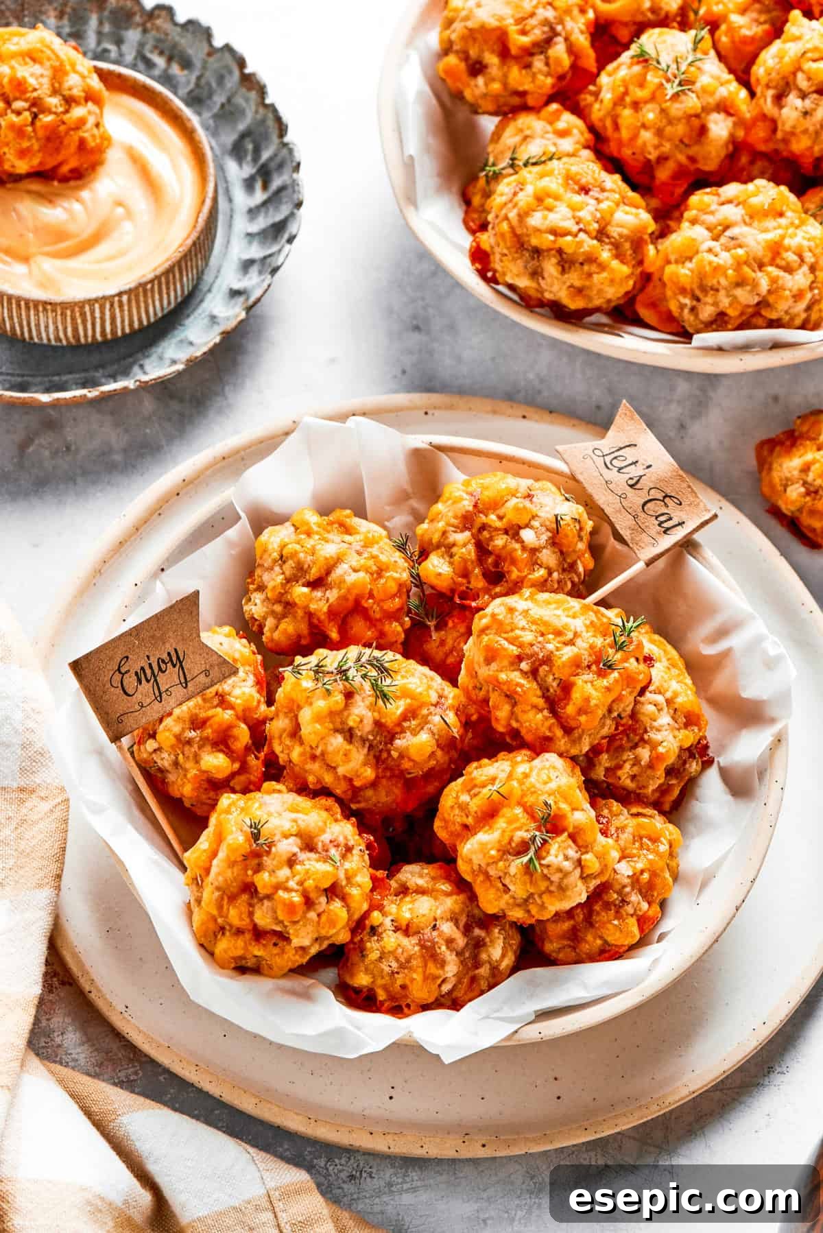 This sausage balls recipe relies on Bisquick, pork sausage, and Italian seasoning for an easy appetizer. Don't forget the dipping sauce! Two serving bowls brimming with freshly baked, golden-brown sausage balls, ready to be enjoyed as a perfect snack or appetizer.