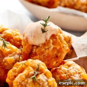 A delicious, golden-brown sausage ball being dipped into a creamy, savory sauce, highlighting its perfect texture and appeal.