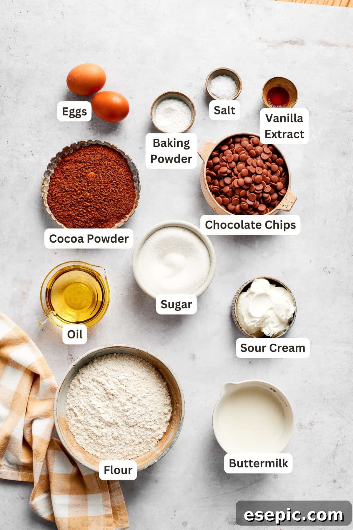 All the pantry staples and fresh ingredients needed for delicious chocolate muffins. Labeled ingredients for making chocolate muffins laid out on a clean counter.