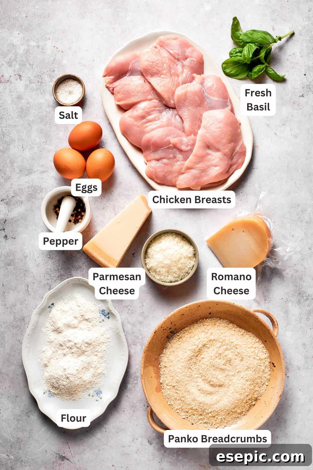 Ingredients for crusted chicken romano are text-labeled.
