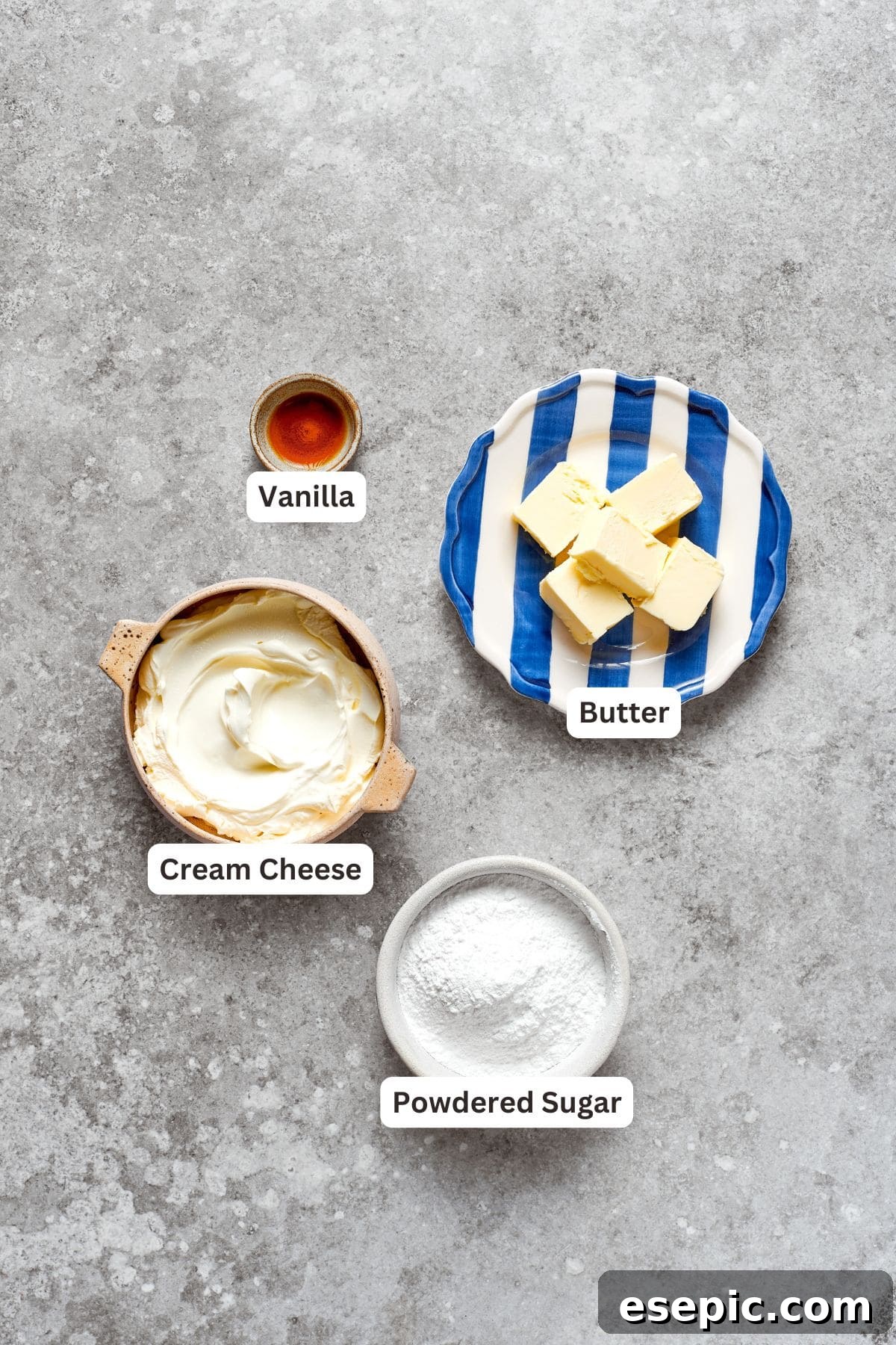 Ingredients for cream cheese frosting laid out.