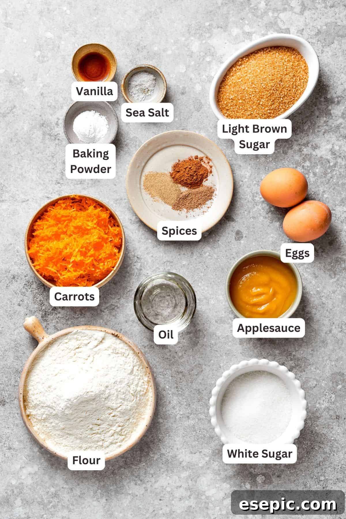 Ingredients for carrot cake batter showcased.