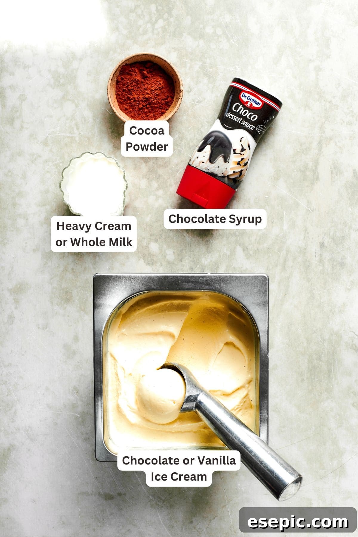 All the essential ingredients for making a rich chocolate milkshake laid out on a clean surface, with each item clearly labeled.