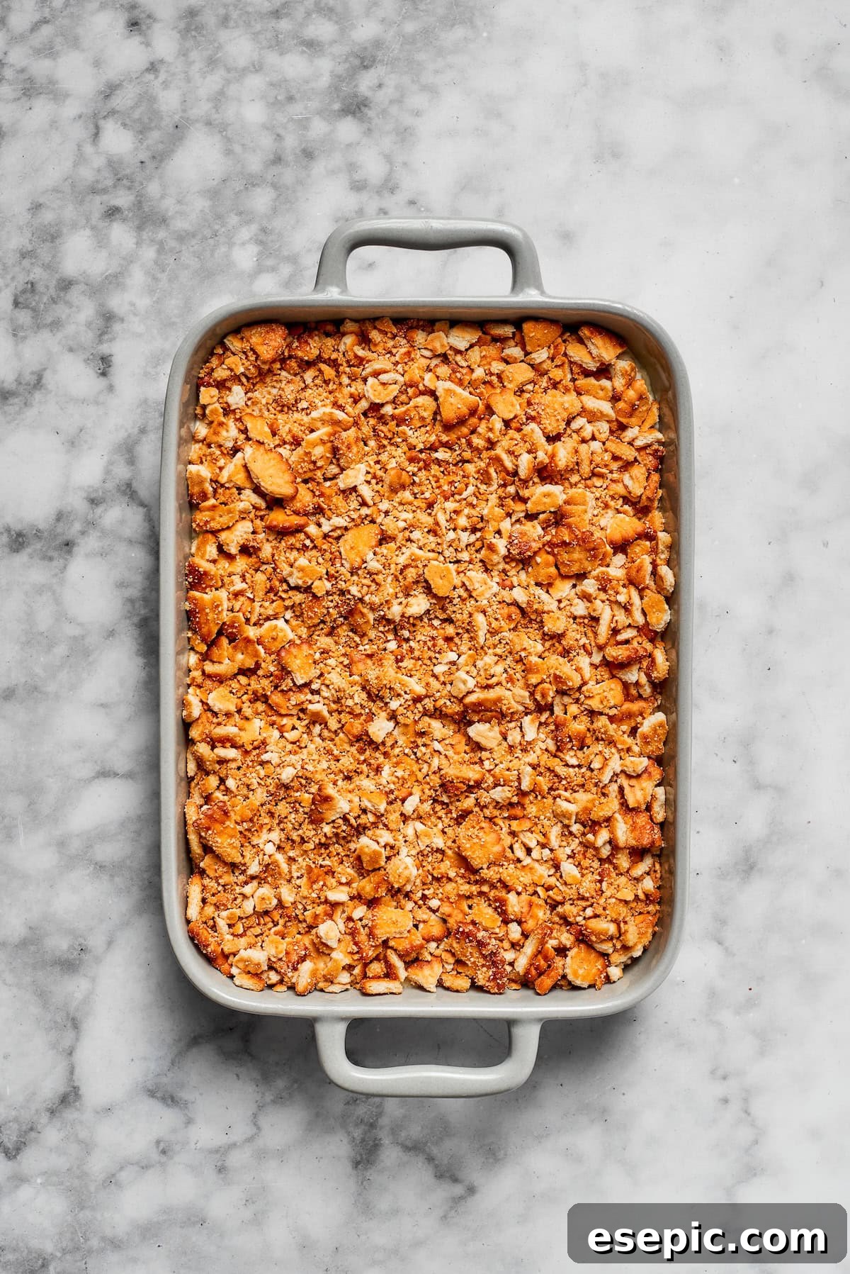 A freshly baked Million Dollar Chicken Casserole, golden brown and bubbling.
