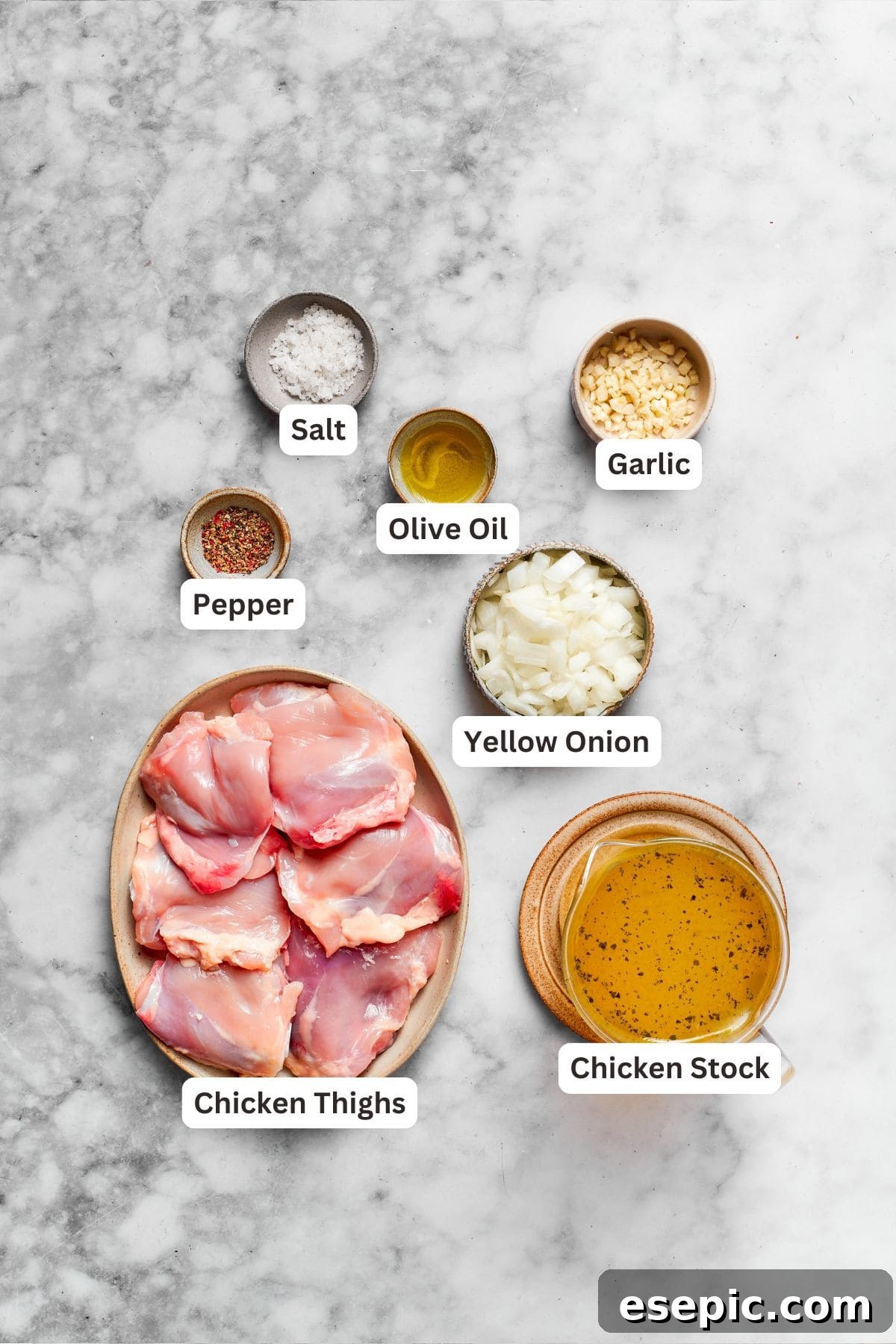 Chicken and other primary ingredients for Million Dollar Chicken Casserole, ready for preparation.