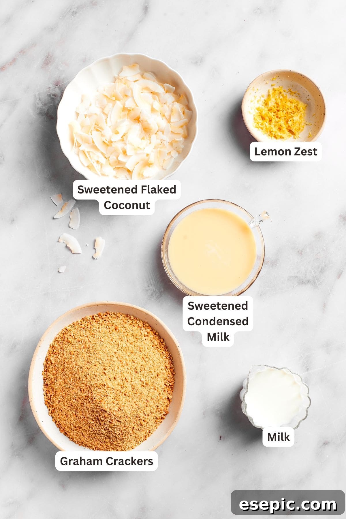 Labeled ingredients for the lemon slice base, including graham crackers, coconut, lemon zest, condensed milk, and milk.