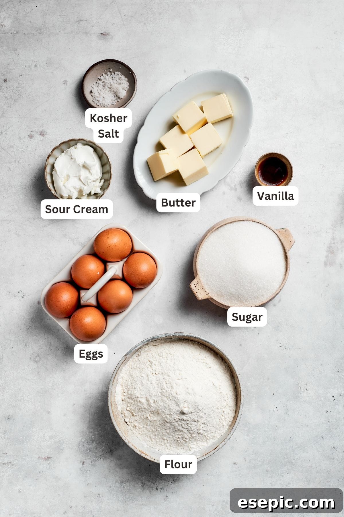 Ingredients for sock it to me cake are text-labeled, including butter, sugar, eggs, flour, and sour cream.