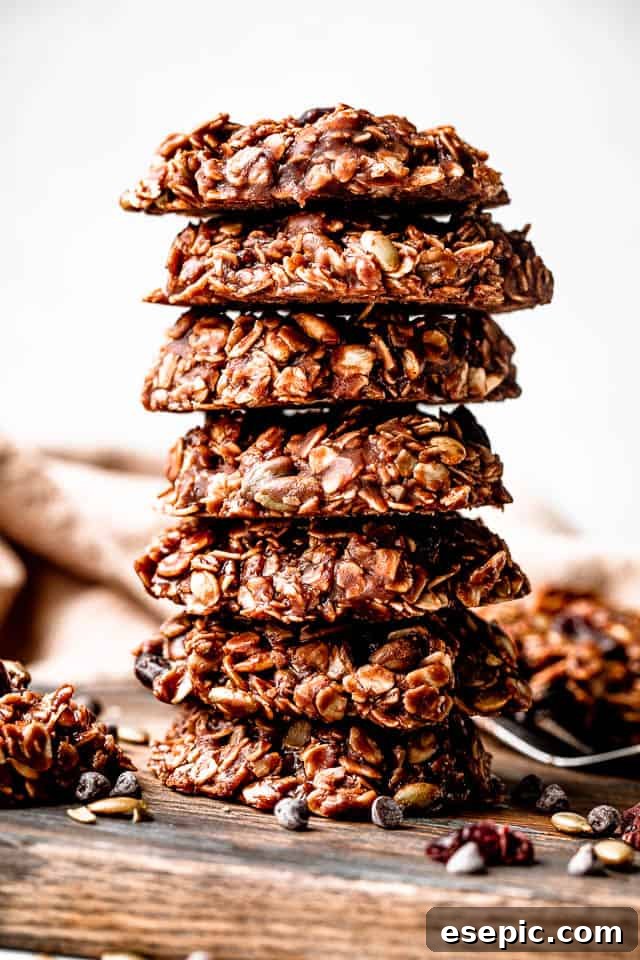 Effortless No-Bake Oat Treats 2 A beautifully stacked tower of seven healthy no-bake oatmeal cookies, showcasing their rich texture and vibrant mix-ins like dried cranberries and pumpkin seeds.